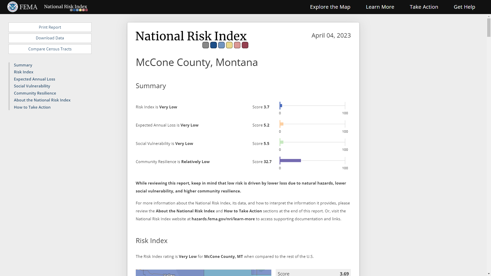 A printable National Risk Index community risk profile report.